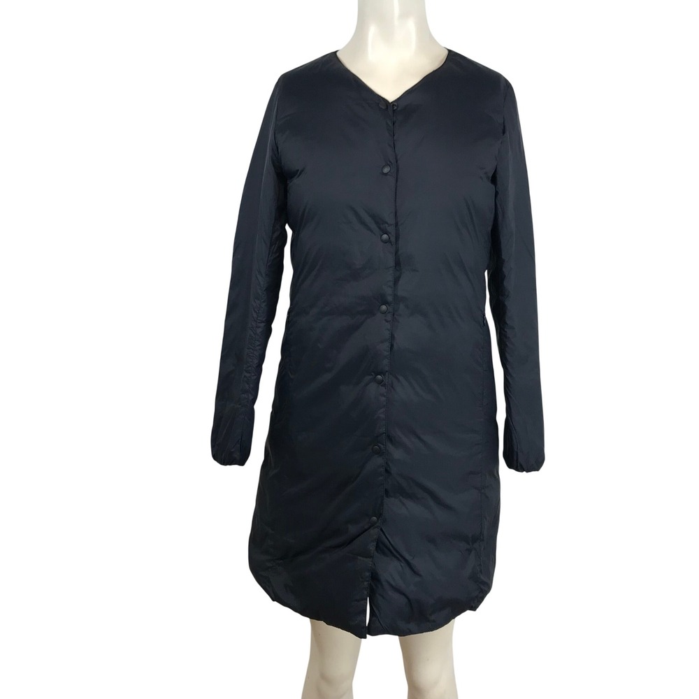 Uniqlo Ultra Light Down Long Coat Black V-Neck Snap Front Puffer Jacket XS